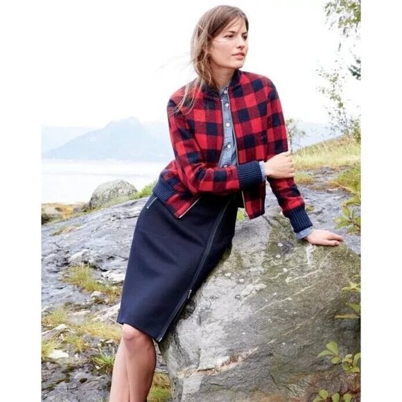 J.CREW Jackets & Blazers - J Crew Womens Red/ Navy Buffalo Check‎ Plaid Bomber Jacket, Wool size 14